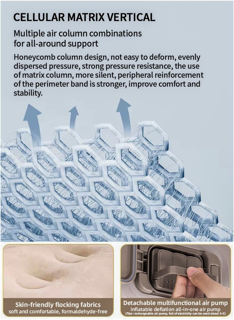 توشيونيكس مرتبة هوائية مزدوجة الحجم مع وسادتين هوائيتين، متينة وقابلة للنفخ، مثالية للتخييم والنوم، مزودة بمضخة هواء مدمجة قابلة لإعادة الشحن، مقاومة للماء، سهلة النفخ والتفريغ بضغطة زر واحدة، مناسبة للمنزل، والمغامرات الخارجية، والمشي لمسافات طويلة، والسفر، وحفلات المبيت، والنزهات، وأسرّة الضيوف. مصنوعة بتقنية فائقة النعومة. الأبعاد: 200 × 40 × 150 سم - Image 2